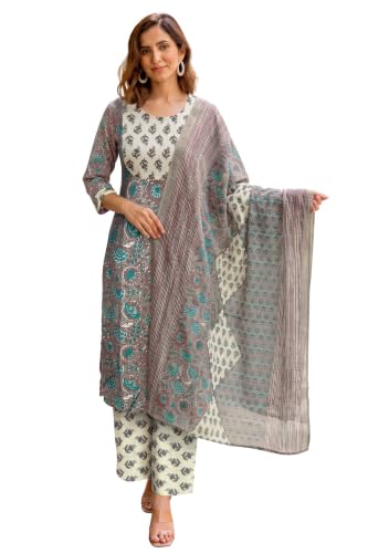 Image of MIRCHI FASHION Women's Straight Fit Pure Cotton Embellished Floral Printed Kurta Set with Dupatta and Trouser