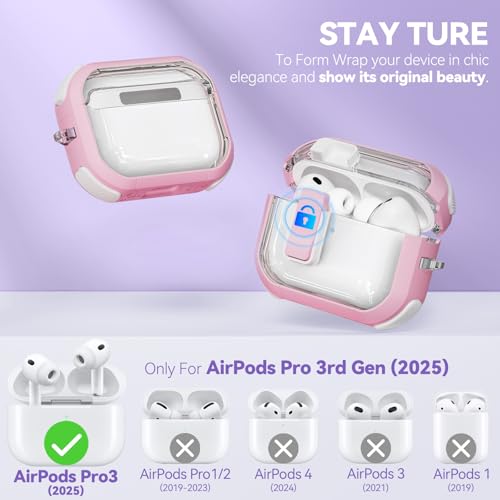 Image of Ekoonpft for AirPods Pro 3 Case with Safety Lock, Clear Case with Cleaner& Keychain Compatible with Apple AirPods Pro 3rd Generation 2025 for Women Girly, Anti-Scratch, Full Protective,Pink