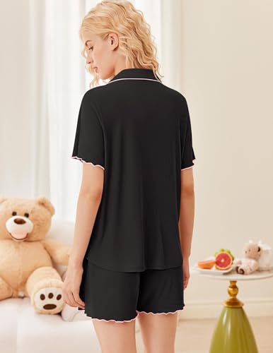 Image of Ekouaer Button Up Pajamas Set for Women Short Sleeve Ribbed Knit Sleepwear 2 Piece Pjs Shorts Set