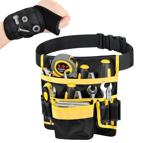 Mapille Cinturón de Herramientas para Hombre, Cinturón de Herramientas Adaptable con 13 Bolsillos Cinturón de Trabajo con Correa de Muñeca Magnética para Electricistas Técnicos Carpintero Constructor