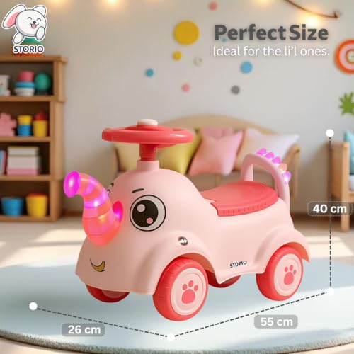 Image of Storio Elephant Baby Ride-On Car Toy with Light and Music - Pink | Push Car for Kids with Backrest & Steering, 1-3 Years