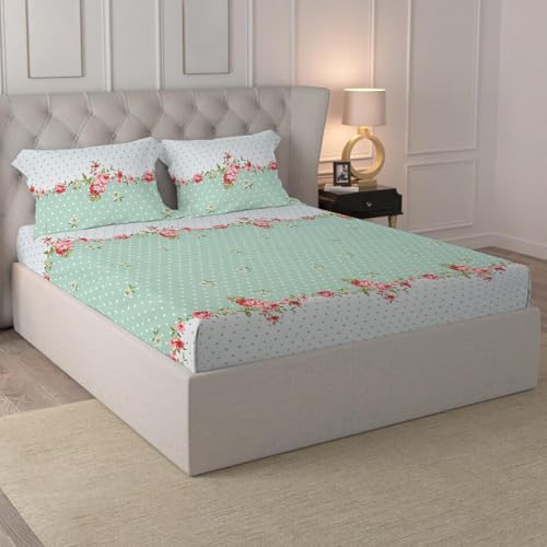 Image of LOOMLYFE 300 TC Cotton Feel Glace Cotton Elastic Fitted Printed King Size Double Bed Bedsheet with 2 Pillow Covers Fits Upto 8 inches Mattress, Size- 72X78 Inches, Green Center Flower
