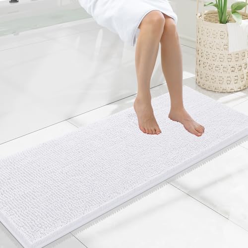 Smiry Luxury Chenille Bathroom Rugs 47x17, Extra Soft and Absorbent Shaggy Bath Mat, Machine Washable, Non-Slip Plush Carpet Runner for Tub, Shower, and Floor, Home Decor Accessories, White