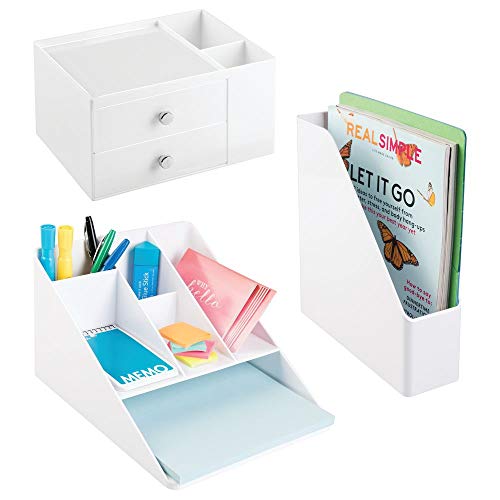 mDesign Plastic Home Office Desktop Storage Organizer Set - Holds Files, Magazines, Notebooks, Pens, Pencils, Highlighters, Note Pads - Set of 3 - White