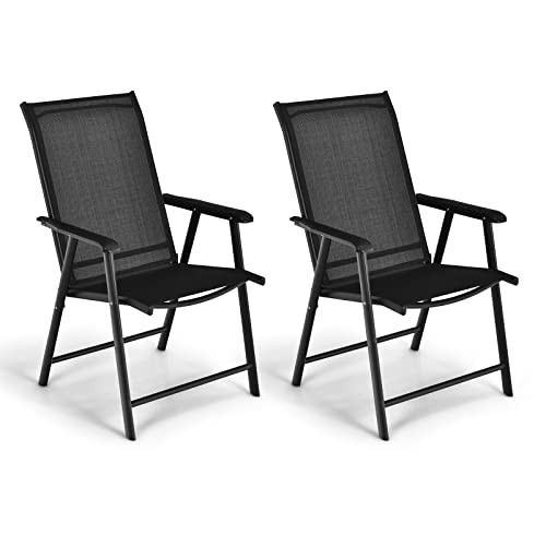 Image of Giantex Set of 2 Patio Folding Chairs, Portable Outdoor Dining Chairs with Armrest for Porch Camping Pool Beach Deck Lawn Garden, Metal Frame, Black