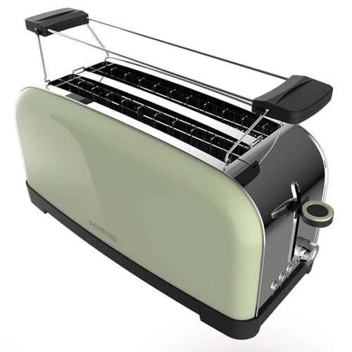 Cecotec Tostador Vertical Toastin' Time 1500 Green, 1500W, Doble ranura larga y ranura ancha 3,8cm, Varillas Superiores, Acero Inoxidable, Apagado y Pop-up Automático, Recogemigas