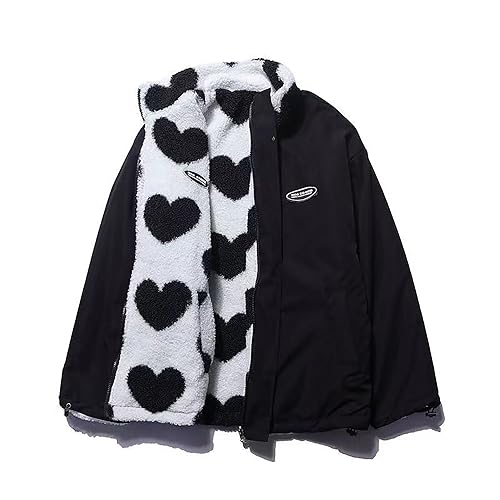 Sumleno Chaquetas de forro polar para mujer, reversibles, con estampado de corazón kawaii, con cremallera, abrigos estéticos Y2k Gyaru, Negro, Large