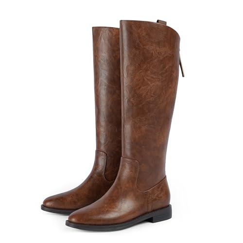 Image of Modatope Knee High Boots Women Rounded Toe Flat Retro Bais Opening Low Chunky Heel Riding Boots