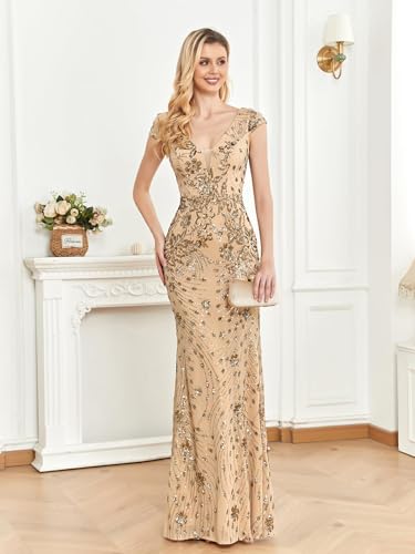 Image of Womens Sequined Long Evening Gown Glamous Sleeveless V-Neck Mermaid Prom Dress for Wedding Party Club Occasions