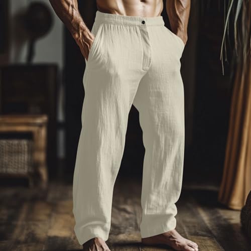 Linen Pants Men Casual Summer Loose Elastic Waist Flat Front Trousers Lightweight Comfy Yoga Beach Pants with Pockets2