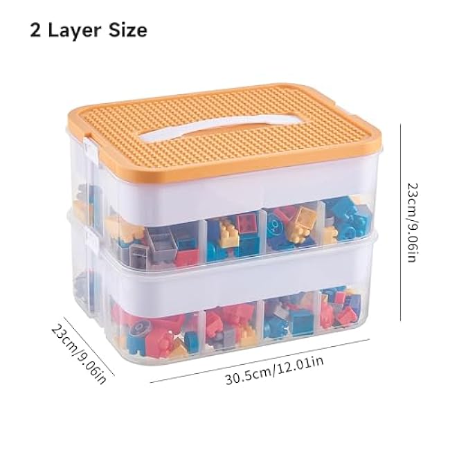 Organizers Storage Box for lego: Plastic Stackable Storage Case with Building Blocks Lids, Containers with Carrying Handle and Adjustable Grid Organizers,2Layer Orange