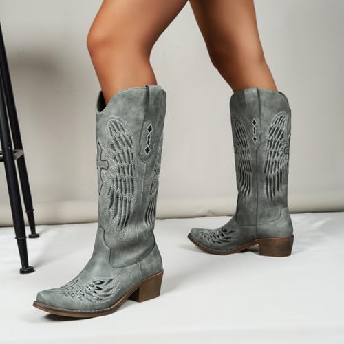 Chic Women's Embroidered Western Cowboy Boots – Angel Wings Design, Slip-On Mid-Calf Boots with Chunky Heel, Vintage Cowgirl Boots for Rodeo, Casual & Party Wear2
