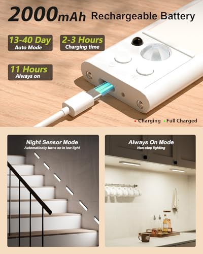 Image of 80-LED Motion Sensor Light Indoor with Remote, 12 inch Under Cabinet Lighting Wireless, Timer & Dimmable Under Cabinet Lights, Under Counter Lights for Kitchen, Stairs, Hallway, 3 Color, 2Pack