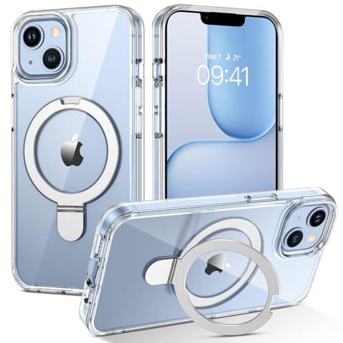 DUEDUE Magnetic Compatible with iPhone 13/14 Case,Crystal Clear MagSafe Phone Case iPhone 13/14 with Ring Holder Stand,Anti-Yellowing Transparent Shockproof Protection Bumper Slim Thin Cover 6.1" by DUEDUE - Used condition - CA$10.71