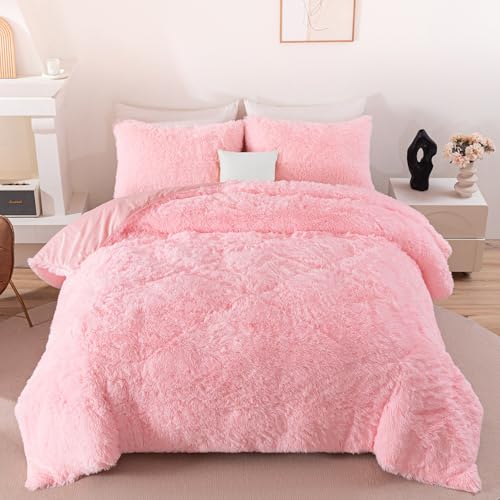 Image of Pink Fluffy Queen Comforter Set - 3 Pieces Faux Fur Fuzzy Bedding Set for Girls, Plush Shaggy Warm Velvet Bed Set with Pillowcases (Pink, Queen)