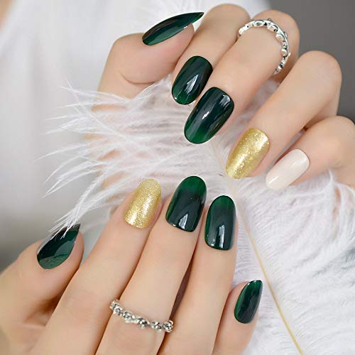 EchiQ Kunstnägel, grünschwarz, dunkelgrün, goldfarben, glitzernd, für den Sommer, für Nägel, DIY Nagelkunst… – Bild 5