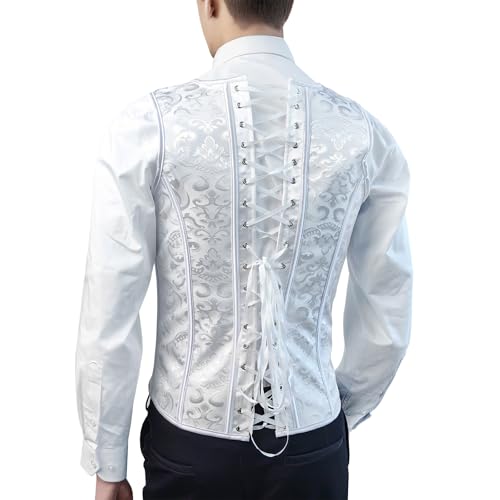Men Corset Suit Vest White Dress Waistcoat Slimm Fit Medieval Tops For Wedding Stage4