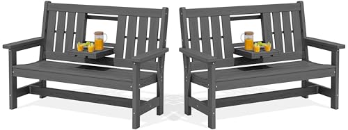 Image of SERWALL HDPE Outdoor Bench with Cup Holder Oversized 58 inch Porch Bench, Grey