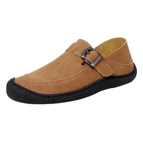 Men's Genuine Leather Casual Penny Loafers Fashion Buckle Round Toe Comfortable Soft Bottom Handmade Driving Loafers Slip On Lightweight Dress Shoes