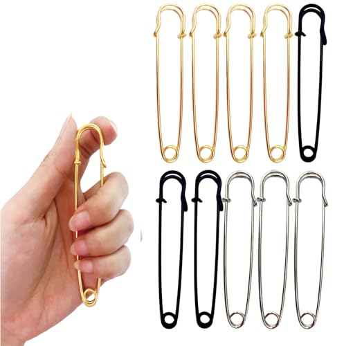 10PCS Large Safety Pins,4" Heavy Duty Safety Pins for Clothes,3 Colors Extra Large Safety pins（4Gold/3Black/3Silvery）
