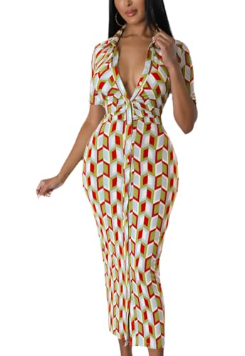 Image of ZERMOM Women's Button Down Shirt Dress Short Sleeve Print Collar V Neck Summer Bodycon Midi Dresses