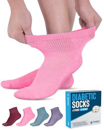 Doctor's Select Diabetic Socks for Men and Women - 4 Pairs Ankle Socks | Pink, Green, Red, Purple | Size 9-11