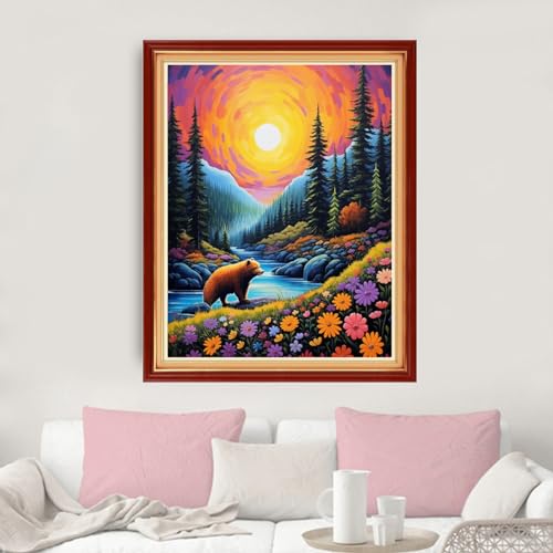 Image of Dimxvean Stamped Cross Stitch Kits,Cross Stitch Kits for Adults Beginners,Embroidery Kits Full Range of Cross Stitch Stamped Kits Needlepoint Kits Cross Stitch Patterns-Sunrise Brown Bear 16x20 inch