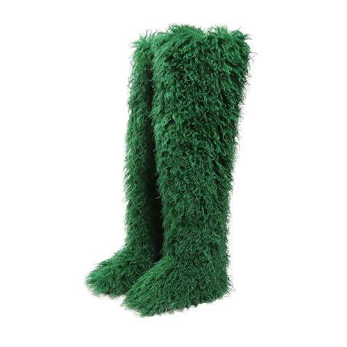 Image of Black Thigh High Fur Boots, Over the Knee Fluffy High Boots, Tall Furry shoes for Women