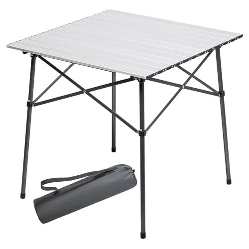 Portal Aluminium Folding Camping Table Square Roll Up Top 4 Person Compact Garden Table with Carry Bag for Picnic Camp Backyard BBQ, Silver