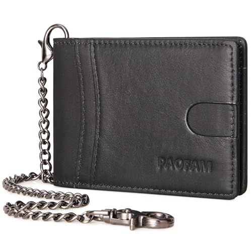 PAOFAM Chain Wallets for Men, Genuine Leather Blocking Bifold Wallet RFID Protective Credit Card Holder with Money Clip, Pickpocket Proof Slim Chain Wallet for Men
