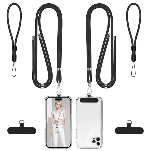 Image of takyu Phone Lanyard, 2 Pack Soft Nylon Neck Strap Universal Cell Phone Lanyard and 2 Pack Phone Wrist Strap with Durable Pads for Most Smartphones-Black