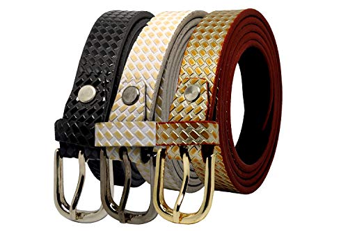 Image of PU Leather Belt for Girl and Ladies (Combo pack of 3 Belts) White, Black & Golden