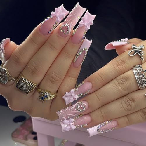 plalely Long Square Press on Nails Acrylic Press on Nails with DesignsLong Press on Nail for Women 24pcs (Pink26)
