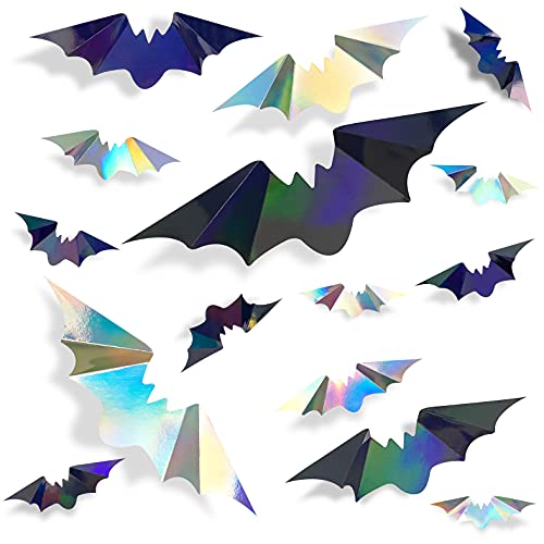 72Pcs Bats Halloween Decoration Iridescent 3D Bats Wall Decor Black Silver Holographic Paper Decorative Bat Wall Art Decals Stickers Spooky Bats for Halloween Home Room Decor Party Decoration Supplies