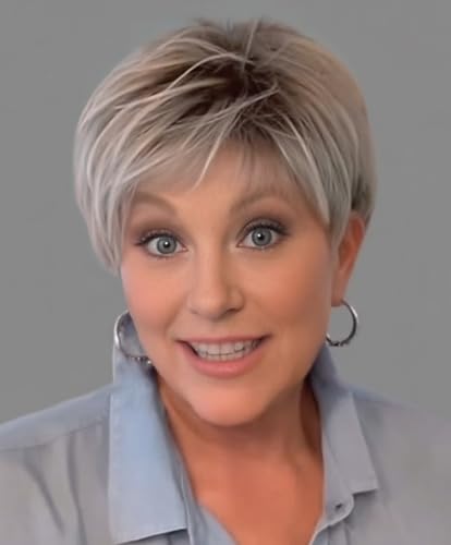 SEVENCOLORS Short White Blonde Pixie Cut Wigs for Women Layered Fluffy Mixed Blonde Wigs with Dark Roots Synthetic Hair Short Wig for White Women