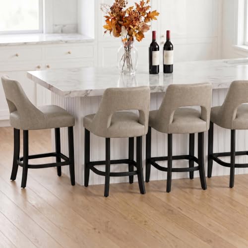 Image of UVV Bar Stools Set of 4, Upholstered Counter Height Bar Stools, Modern Counter Stools with Wood Legs for Kitchen Island Dining Room Bar, Khaki-Black Legs