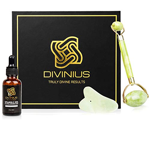Jade Stone Face Roller Set: Natural Jade Rollers and Gua Sha for Face, Neck, Under Eye - Beauty Massager Tools for Skin - Jade Roller and Gua Sha with 1 Ounce Vitamin C/Hyaluronic Acid Facial Serum