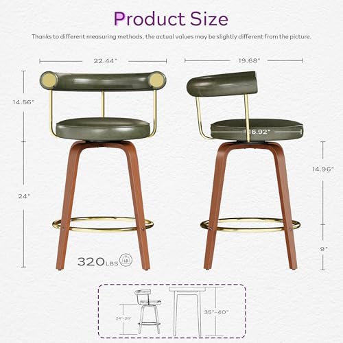 Image of Swivel Bar Stools Set of 2, 26 inch Counter Height Bar Chair, Barstools (Green) | TYBOATLE, Mid-Century Modern, Faux Leather, Bent Wooden Legs, Golden Footrests, Island, Kitchen