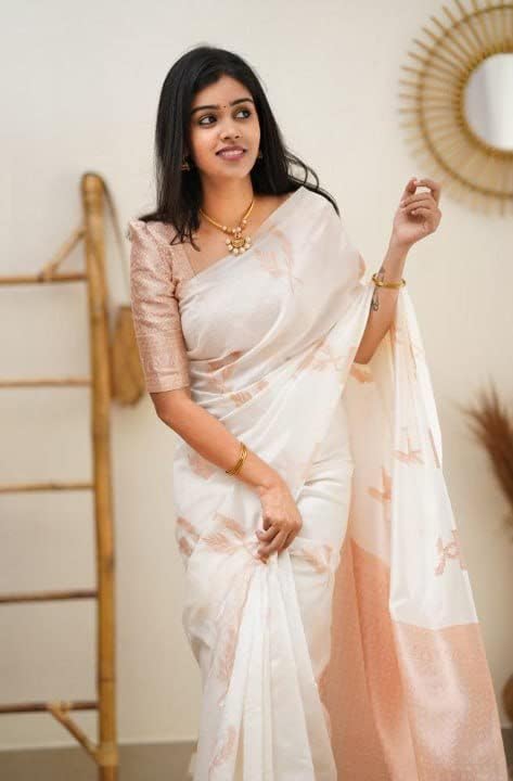 Image of Flosive Women's Kanjivaram Soft Lichi Silk Saree With Blouse Piece (White)