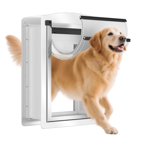 Decormax Dog Door for Wall, Steel Dog Door with Telescoping Tunnel, Weatherproof Pet Door with Two Sliding Lock Panels and Magnetic Flaps, Easy to Install, White, Large
