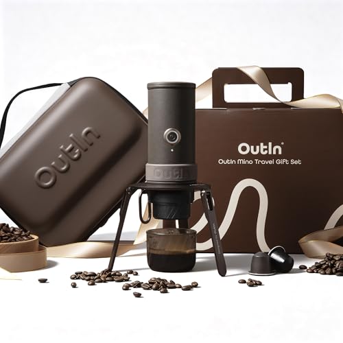 OutIn Mino Portable Electric Espresso Machine Travel Gift Set 22-Bar Self-Heating Espresso Maker with Foldable Coffee Stand EVA Plus Carrying Case Compatible with Capsules & Ground Coffee