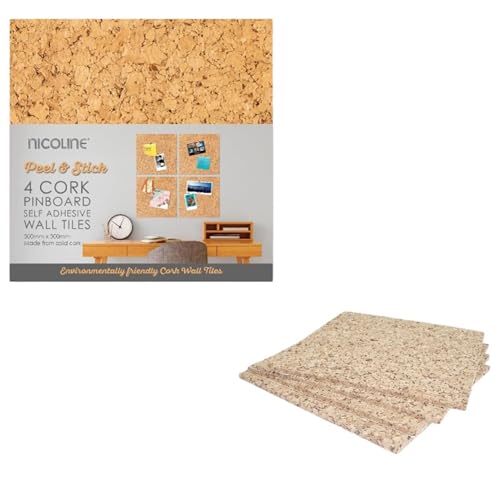 Nicoline PB-SA/W Self Adhesive Cork Pin Board Tiles - Noticeboard Messages - 4 Pack Light Brown 30 x 30 centimetres