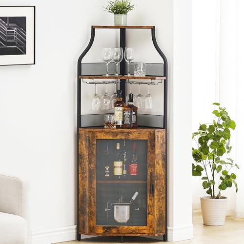 Amyove Corner Wine Bar Cabinet with Detachable Wine Rack, Industrial Wine Cabinet with Glass Holder, Small Sideboard and Liquor Coffee Bar Cabinet with Mesh Door, Retro Brown