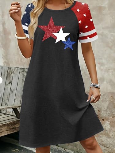 Image of YI XIANG RAN 4th of July Dress Women: American Flag Dresses USA Stars Stripes Shirt Patriotic Tshirt Summer Sundress