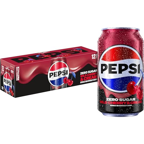 Pepsi Zero Sugar Cola Soda Pop, Wild Cherry & Cream, 12 fl oz Cans (12 Pack), Zero Calories, Zero Sugar