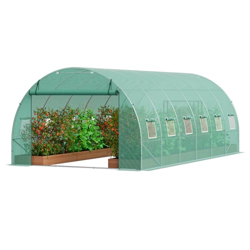 VEVOR Walk-in Tunnel Greenhouse, 19.4x9.7x6.5 ft Hoop House Greenhouse Tunnel, Plant Hot House with Galvanized Steel Frame, Green PE Cover, Roll-up Zipper Door and 12 Windows for Outdoor