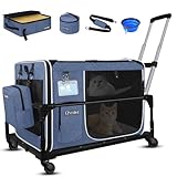 Petskd Side Expandable Extra Large Cat Carrier with Wheels and Litter Box for Long Distance Car Travel, 24"x17"x17" Collapsible Soft-Sided Pet Carrier with Zipper Locks for 2 Cats Under 55LBS(Blue)