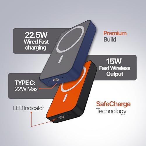Image of Nextech MagSafe Power Bank 10000mAh, 15W Magnetic Wireless Charging, 22.5W PD Fast Charging Type C, Slim Portable Wireless Power Bank for iPhone & Android, LED Indicator, Orange Black