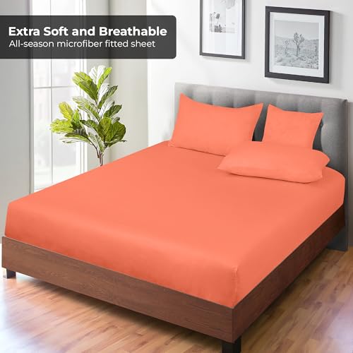 Image of Royale Linens Fitted Sheet King - Ultra Soft 1800 Brushed Microfiber - Hotel Luxury Bottom Sheets - Wrinkle Free & Fade Resistant - Deep Pocket Fitted Sheet Only (King, Coral)