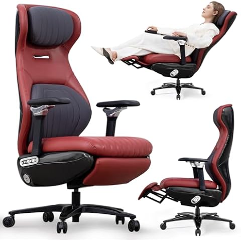 EMIAH Ergonomic Office Chair with Foot Rest Electric Reclining Office Chair with Adjustable Headrest, 8D Coordinated Armrests High Back Computer Desk Chair with Lumbar Support, Genuine Leather (Red) Cover